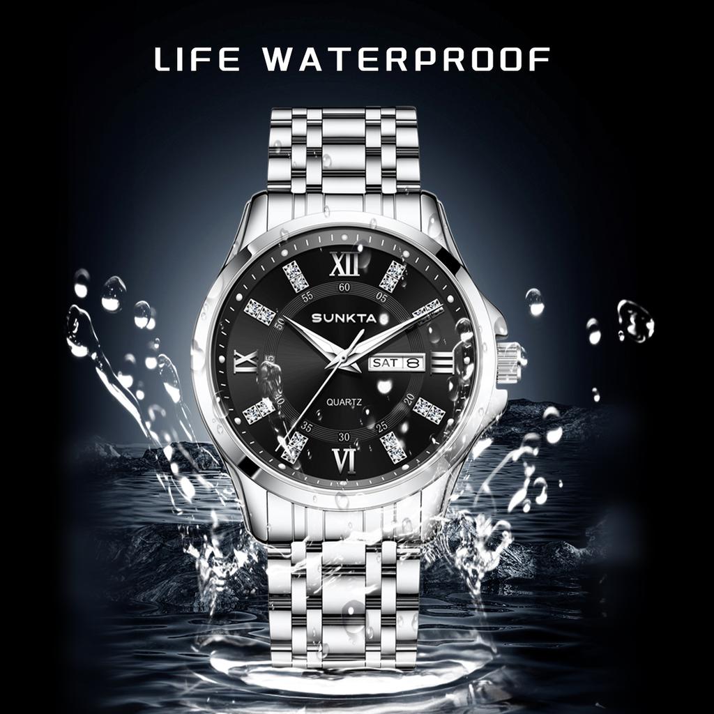 SUNKTA Men Watch With Gold Ring Dual Color Stainless Steel Blue Rhinestone Dial Business Clock Quartz Movement Men Watch
