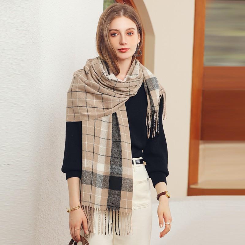 Soft Faux Cashmere Plaid Scarf Women Winter Warm Wrap With Fringe Streetwear Style