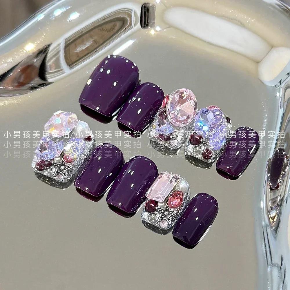 10Pcs Luxury Handmade Long Stiletto Press On Nails 3D Sparkling Diamond Bow Pearl Flower Full Cover Fake Nails