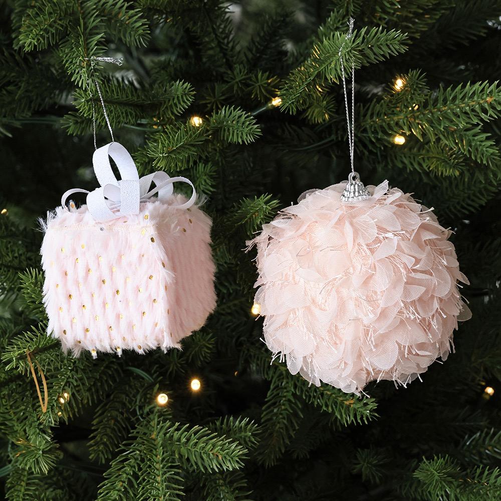 Pink Feather Christmas Ornament Set Romantic Hanging Gift Box & Ball for Christmas Tree Decoration Holiday Party New Year 2025