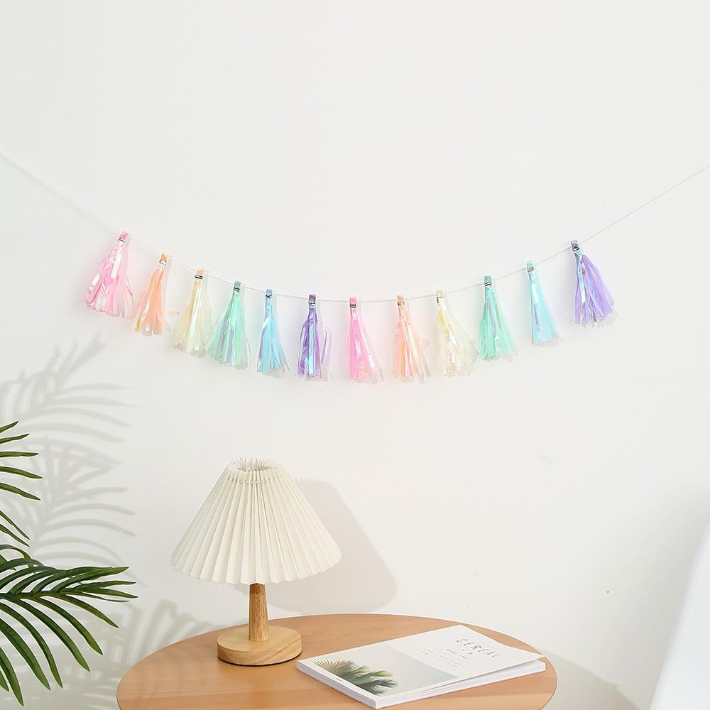 Handmade DIY Colorful Tassel Strands with Aluminum Foil Pull Flowers - 12/Pack for Birthday Decoration