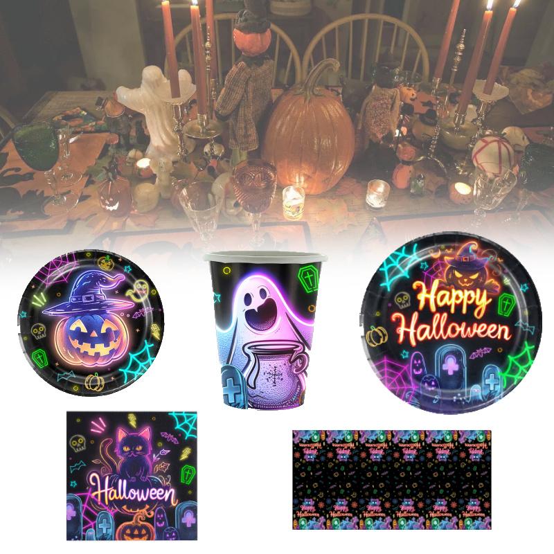 Party Halloween Tableware Set Luminous Plate Cups Napkins Tablecloth Celebration