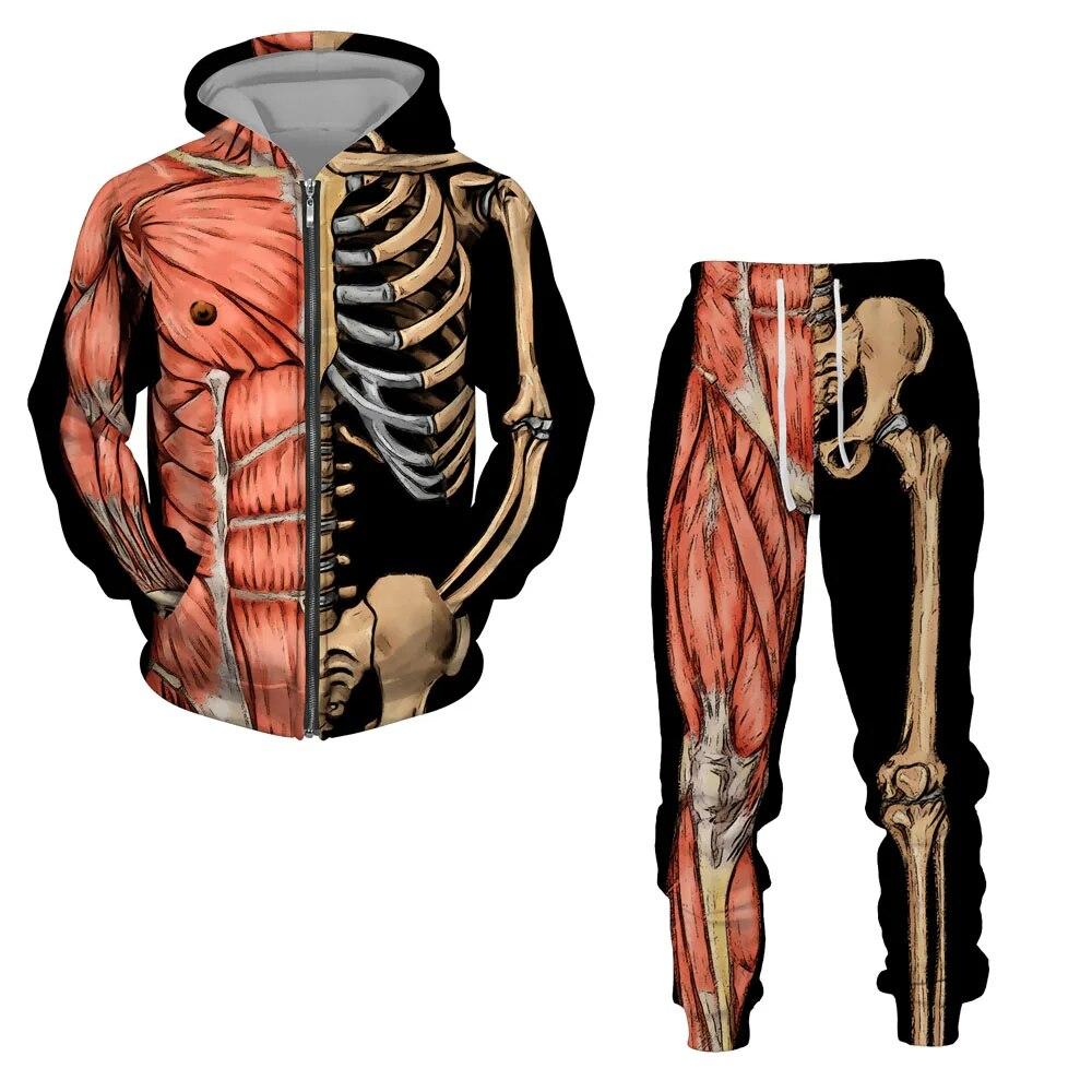 Halloweeen Cosplay Scheletro Splanchna 3D All Over Print Tute con cerniera Felpa con cappuccio da uomo Pantaloni 2 pezzi Set Abiti streetwear