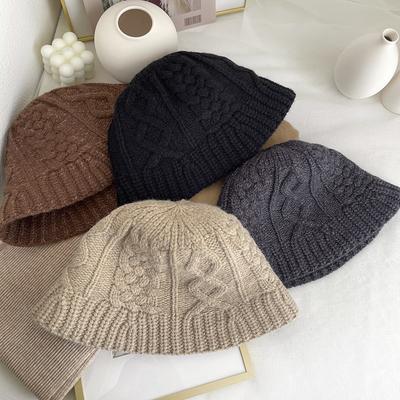 Lazy Retro Twist Twist Knitted Bucket Hat Warm Short Brim Face Covering Wool Basin Hat Children Autumn and Winter