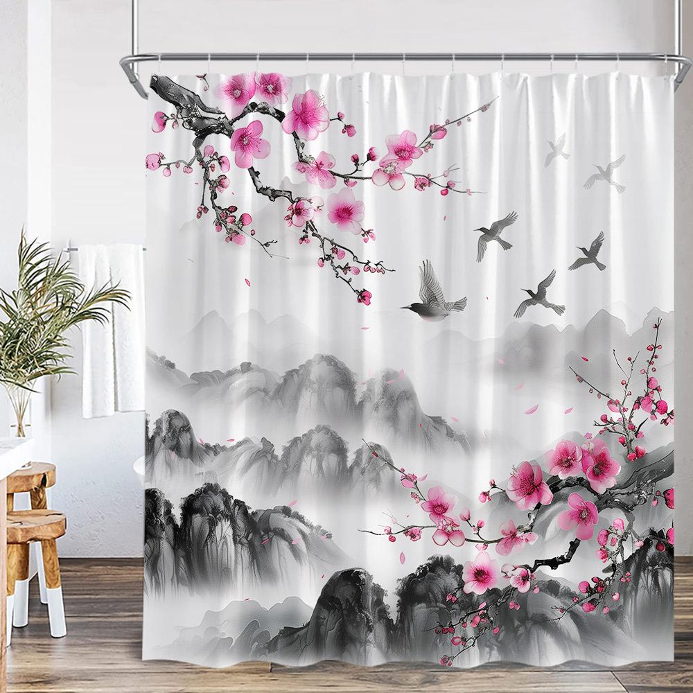 

Ink Painting Shower Curtain Mountains Landscape Cherry Blossom Birds Bathroom Decorations Classical Polyester Bath Curtains 90x180cm-35x70in