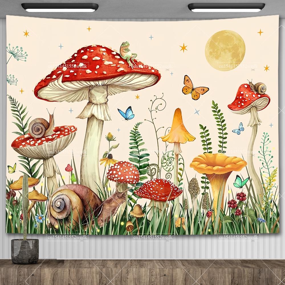 Mushroom Tapestry Moon Star Tapestries Butterfly Snail Frog Tapestrys Aesthetic Room Decor Starry Night Green Plant Tapastrys