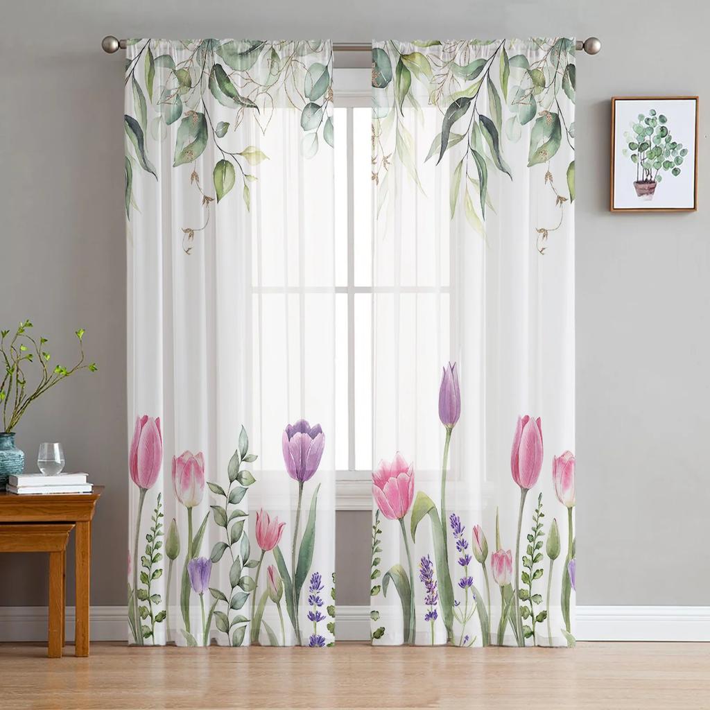 Spring Tulips Easter Mother Day Flowers Tulle Curtains Living Room Home Kitchen Decor Bedroom Window Drapes Light Filtering Made Of Polyester Sitting