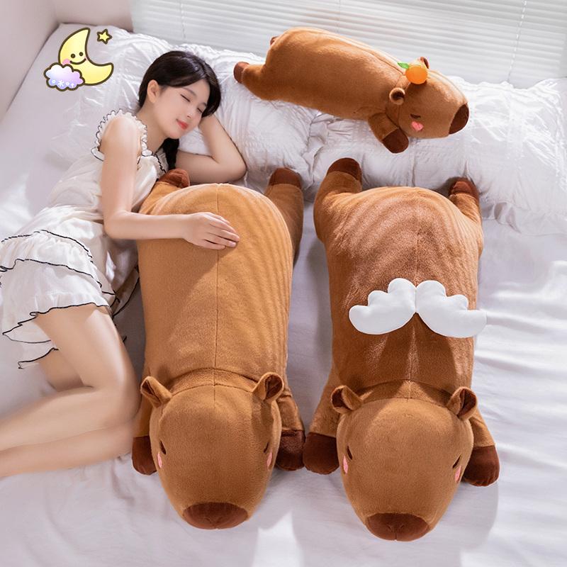 Non Tossico 60cm-100cm Kawaii Cartone Animato Capibara a Strisce Gigante Peluche Bambola Cuscino Sdraiato Marrone Arancione Ali Giocattolo di Peluche Capibara Creativo Decorazione per la Casa