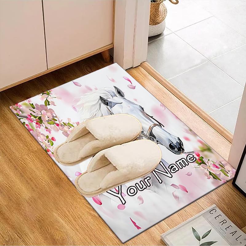 1PC Custom Name Elegant Horse Blossoms Theme Floor Mat Ideal for Living Room, Game Rooms, Office, Bedroom Floor Mat Playful Design