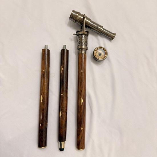 Brass Rosewood Walking Cane with Telescope Compass Vintage Nautical Cane