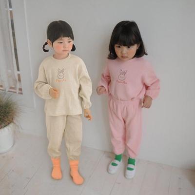 Herbstlicher Hasen-Print Waffelstrick Mädchen Koreanischer Stil Zweiteiliges Langarm- und Hosen-Set