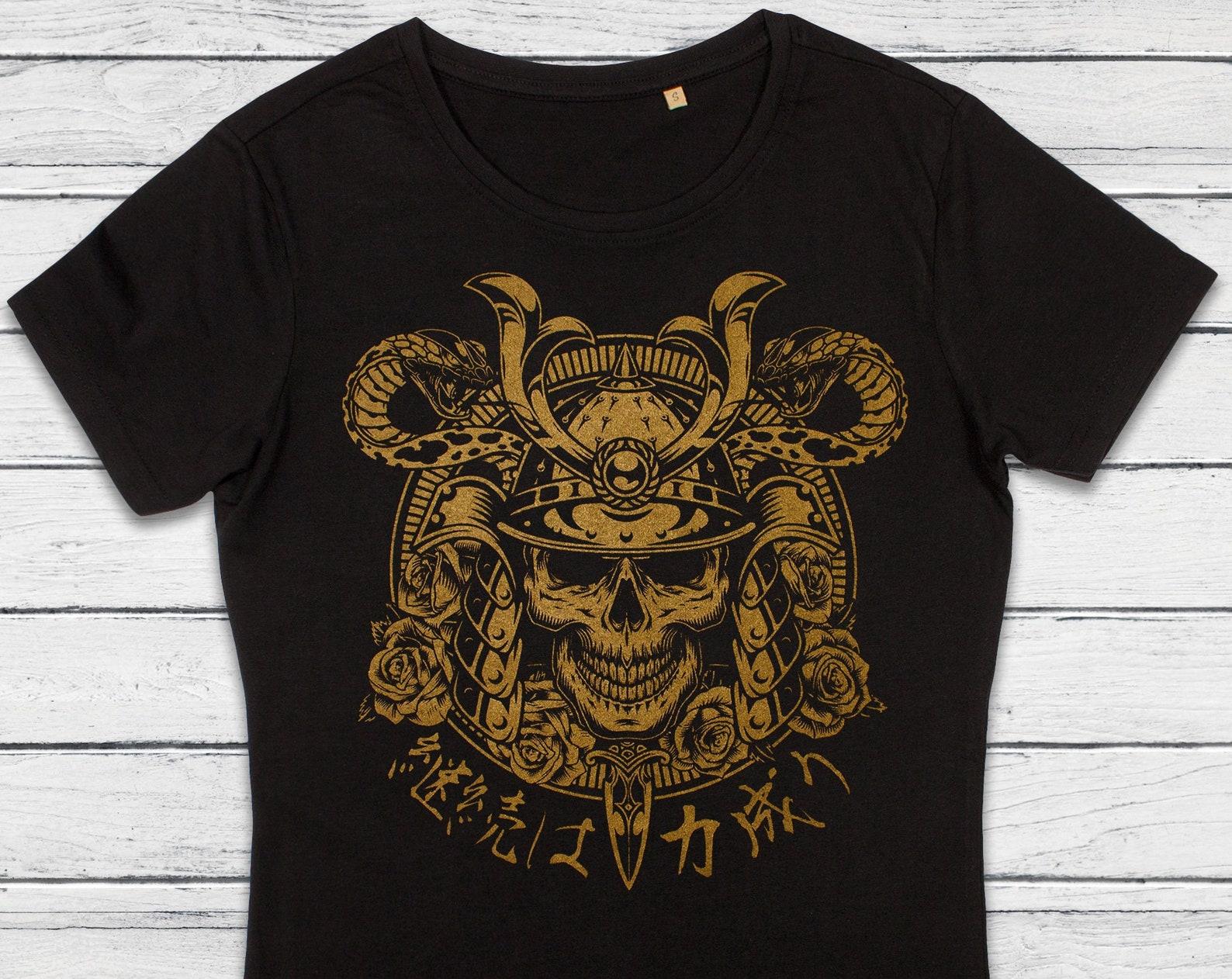 Samurai Skull Organic Cotton T-Shirt, Japanese Bushido Art L