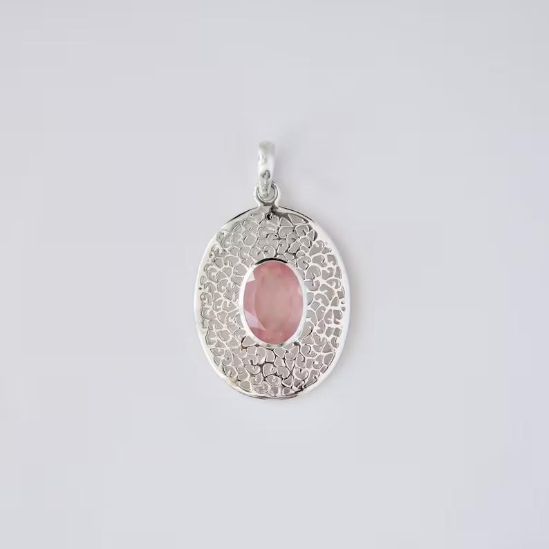 Ciondolo in Quarzo Rosa, Collana Statement, Ciondolo Fatto a Mano in Argento Sterling 925 Per Donna