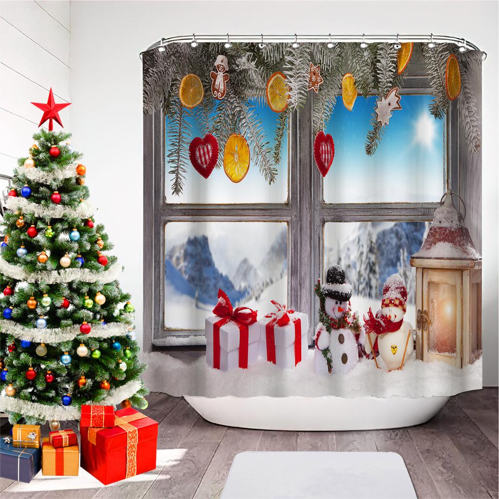 GAEChristmas Printed Bathroom Shower Curtain Snowman Santa Claus Waterproof Polyester Curtain Home Decoration Window Christmas