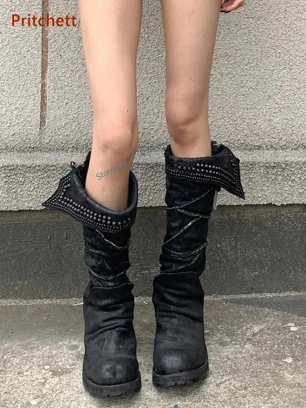 Solid Rivet Knee High Boots Round
