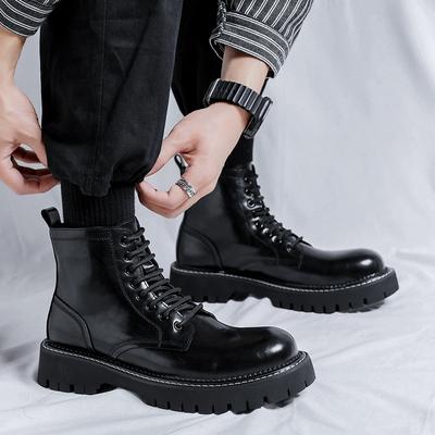 Britischer Stil Herren Casual Echtleder Stiefel Schnürschuhe Plateau Schuhe Business Büro Kleid Cowboy Stiefel Schwarz Tide Knöchel Botas