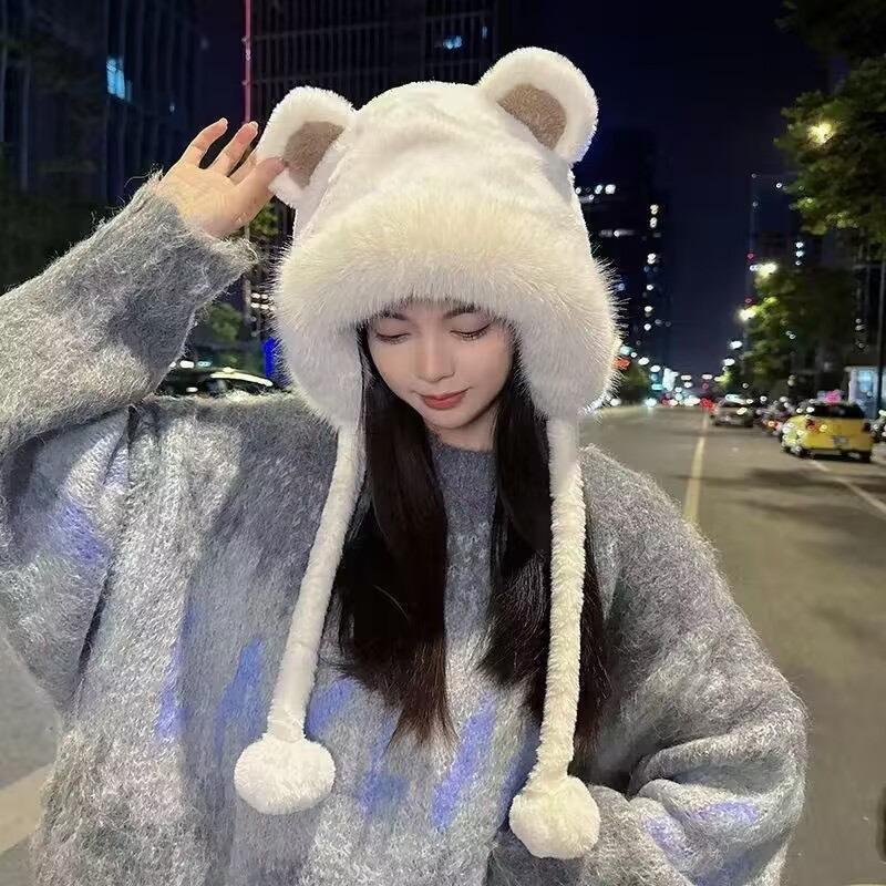 Winter Warm Plush Lacing Pompom Balls Cute Bear Women Cap Fashion Outdoor Windproof Ear Protection Caps