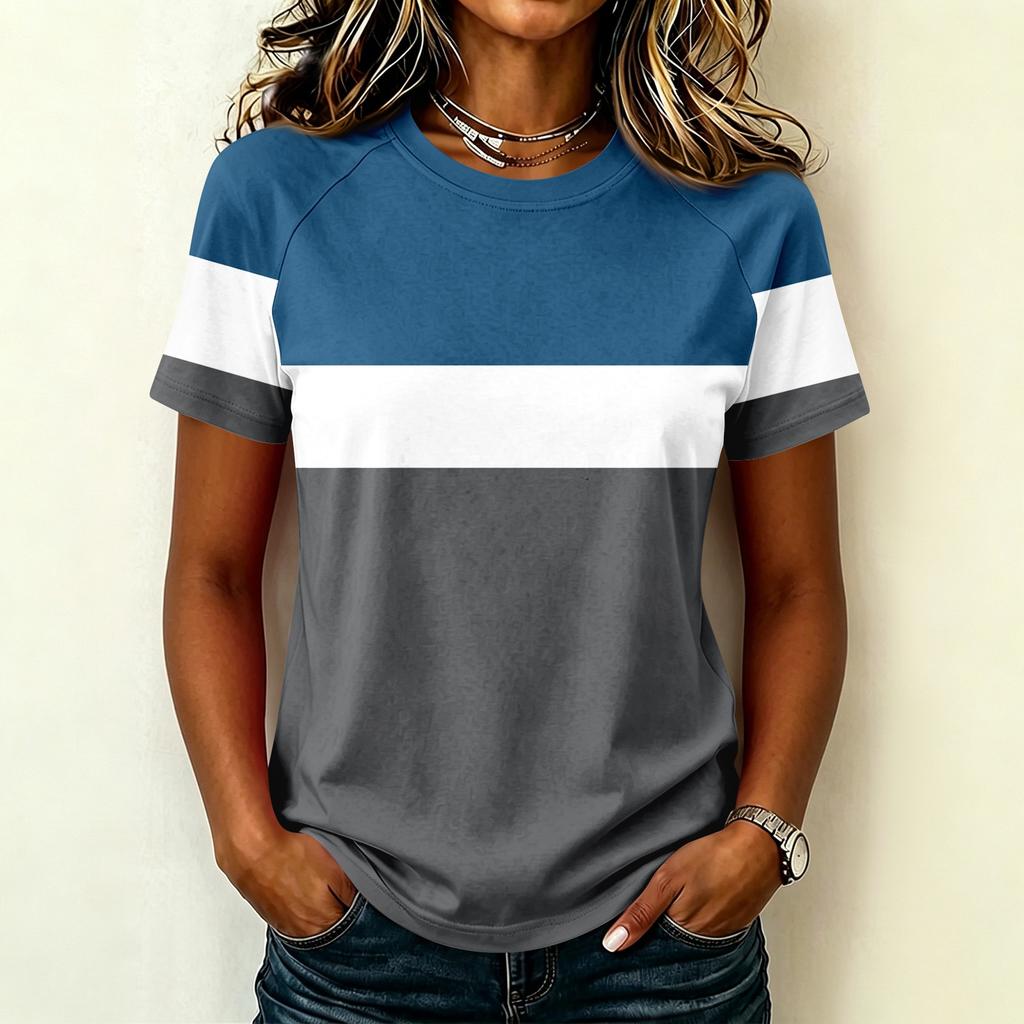 Women's Fashion Raglan Sleeve Crew Neck Casual Colorblock Print Short Sleeve Top Lightweight Soft Fabric Comfortable Fit