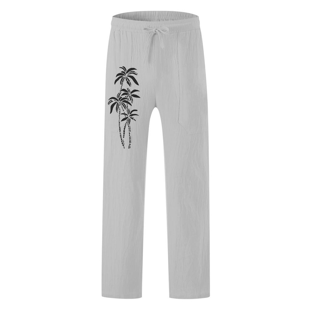 Men's Casual Loose And Comfortable Casual Pants Cotton Linen Printed Drawstring Trousers