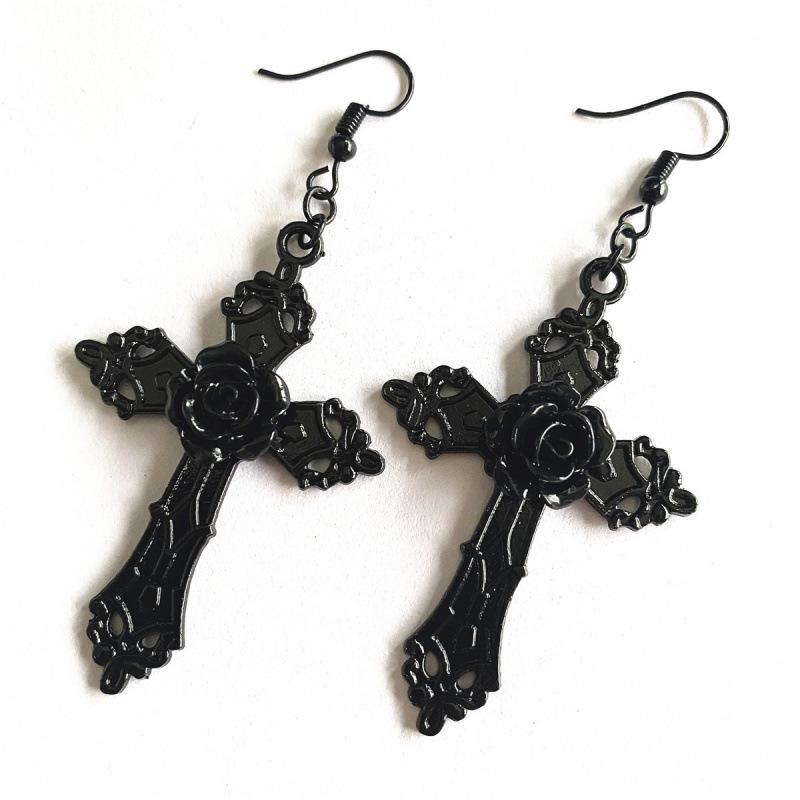 Best-Selling Gothic Cross Earrings with Red Rose In Traditional Style - Unique Large Pendant