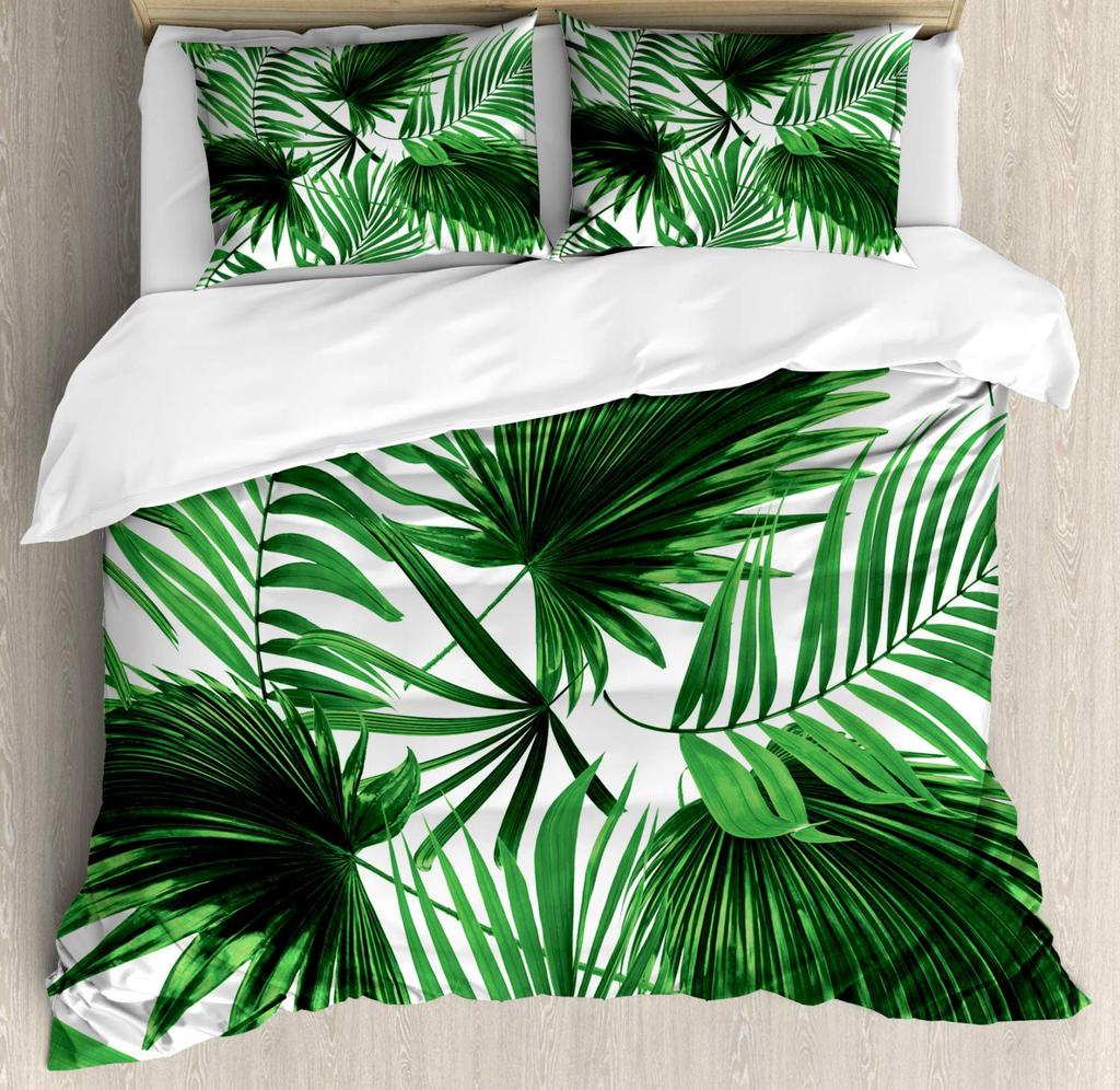 Palm Leaves Comforter Cover Duvet Cover Tropical Leaves Bedding Set Quilt Cover for Men Women, White 3 Pcs Queen King Size