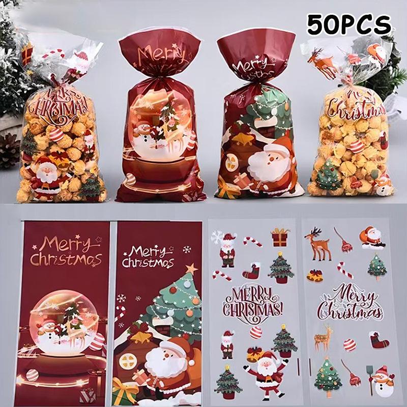 50 Pcs Merry Christmas Cellophane Bags With Twist Ties Xmas Clear Cello Candy Gift Bags New Year'S Eve Christmas Party Decoration