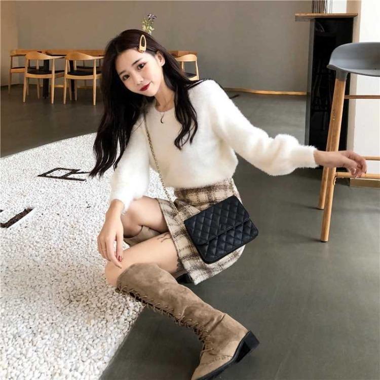 Pullover Elastici Casual da Donna Maglione Invernale Top Lavorati a Maglia Lisci Scollo a O Manica Lunga a Palloncino Imita Pelliccia di Vison Pile