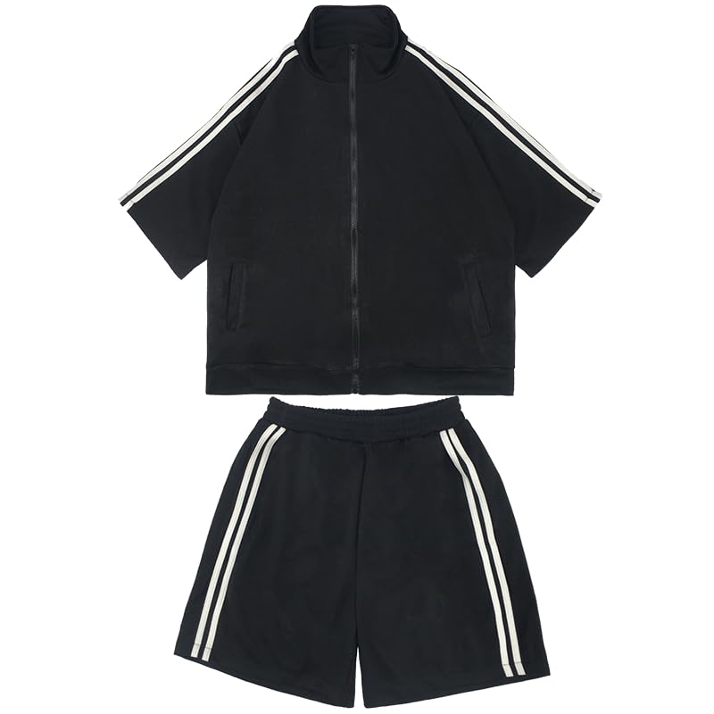 

RomelCheo Спортивный костюм оверсайз с короткими рукавами и для и Клуб и и Улица Черный Комплект, Шорты, Спорт, Упражнения, Активности, Мужской Женский, Лето, чёрный