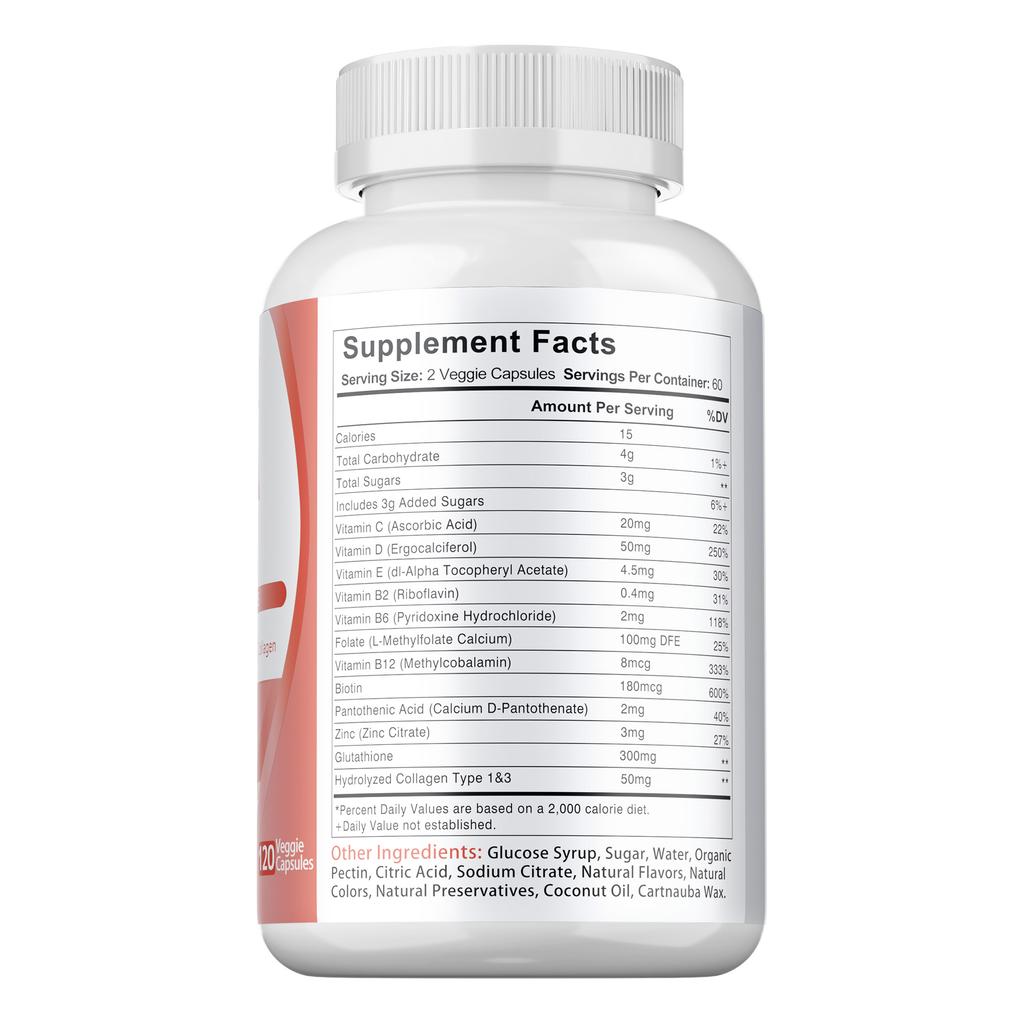 Glutathione Blend, Containing Vitamin C Extract, Helps Restore Skin Health, Aids In Whitening, Suitable for Adults, Vegan.