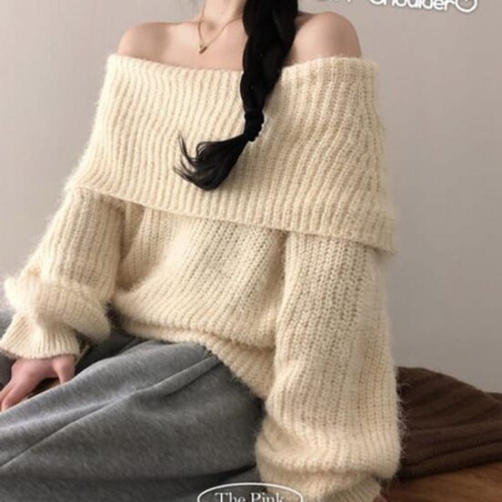 The Pink Loose Fit Hairy Coniferous Fur Off Shoulder Knit