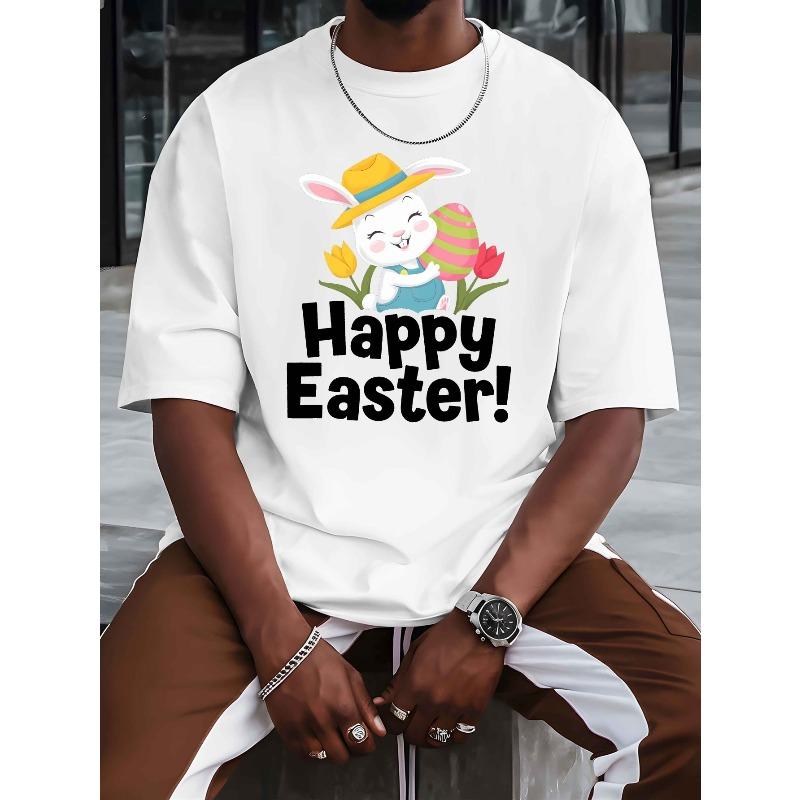 European Size Men's Easter Bunny & Egg Print Short Sleeve T-Shirt - Lightweight Breathable Round Neck Summer Top with Rabbit & Egg Pattern