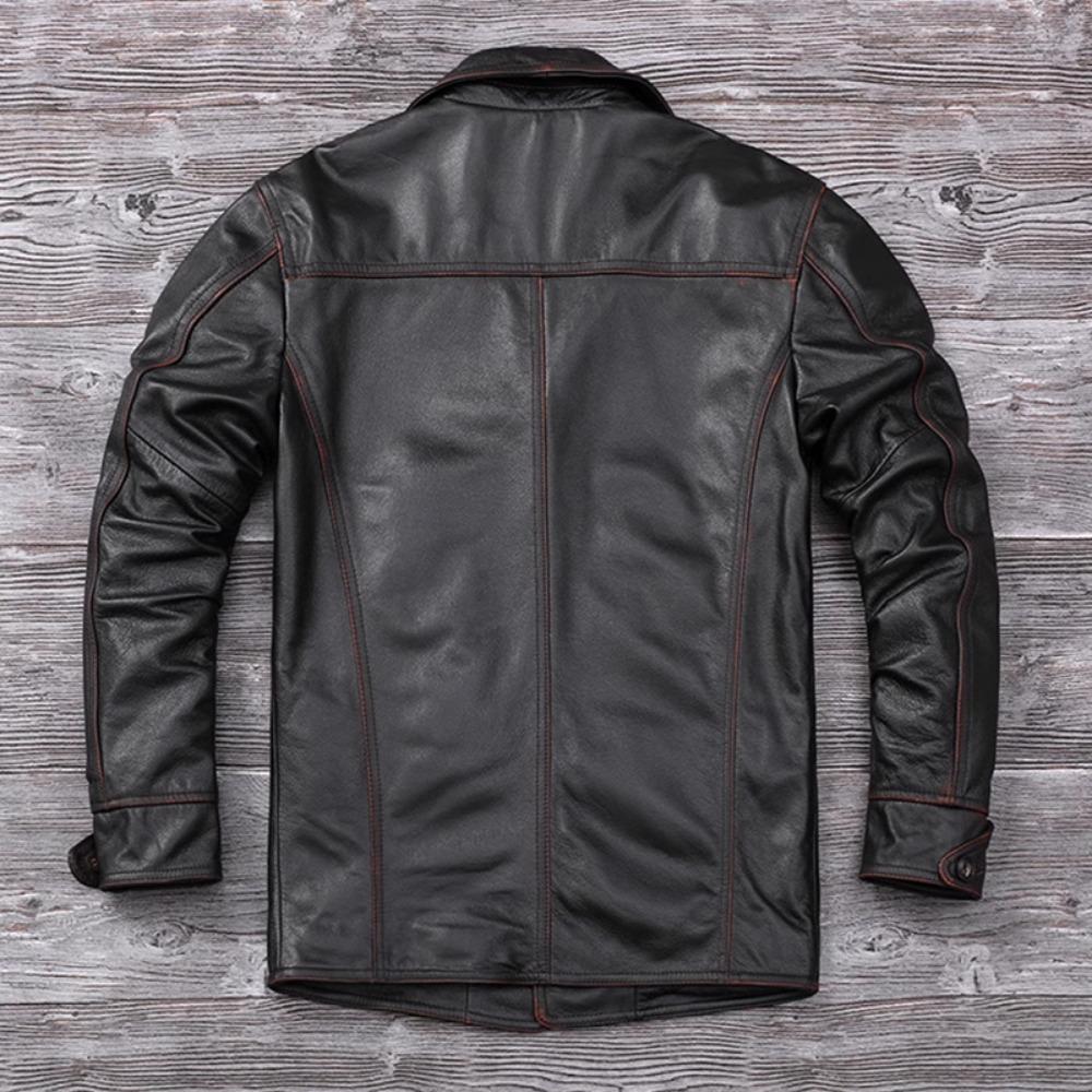 Giacca lunga da uomo in vera pelle, taglia cinese, classica, nera, in pelle di mucca, casual, in tessuto di pelle