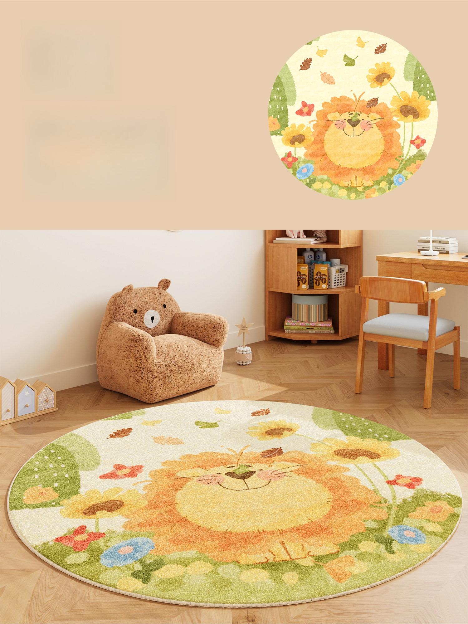 

Lion Pattern Living Room Decoration Round Carpet Fluffy Soft Bedside Floor Mat Cartoon Style Rugs for Bedroom Thickend Plush Rug 80x80CM