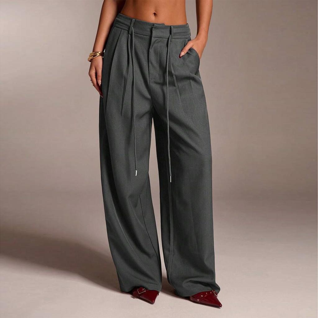 Women's Ffashionable Color Pocket Tie Loose Casual Suit Pants Commuting Straight Leg Casual Pants