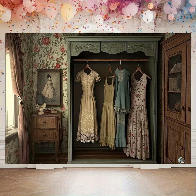 

2D Retro Closet Room Tapestry, Vintage Dresses & Floral Wallpaper Wall Art 47.2x31.5inch/120*80cm
