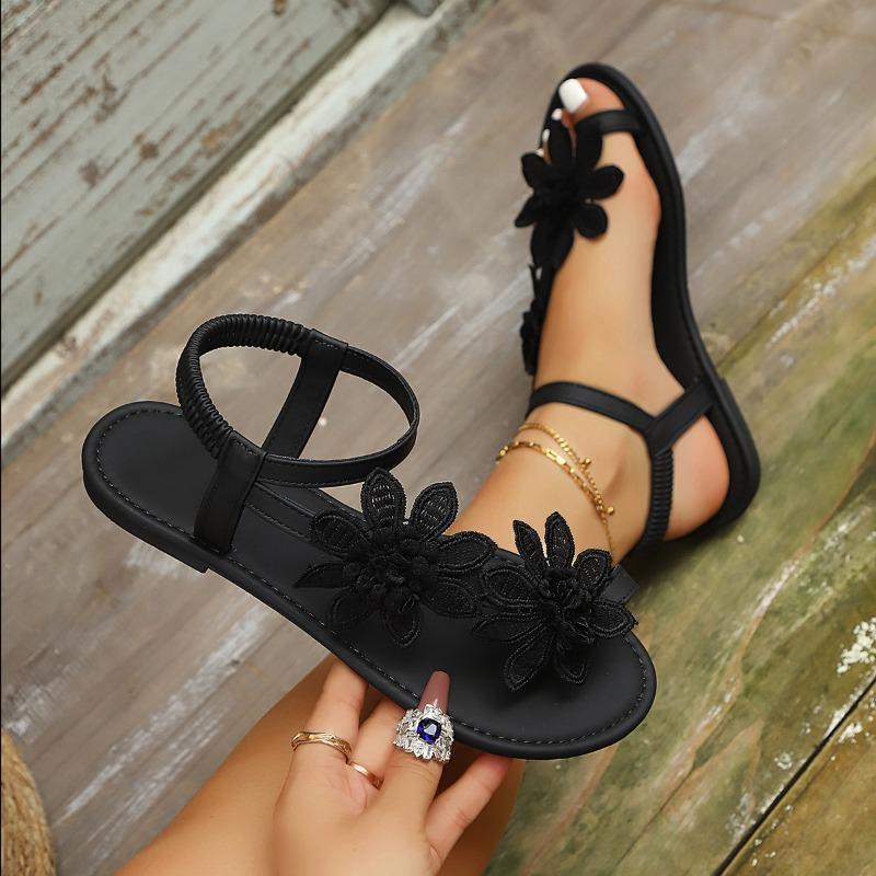 Summer New Women's Toe‑Loop Sandals, Fashion Floral Flat Casual Outdoor Beach Sandals With Elastic Strap