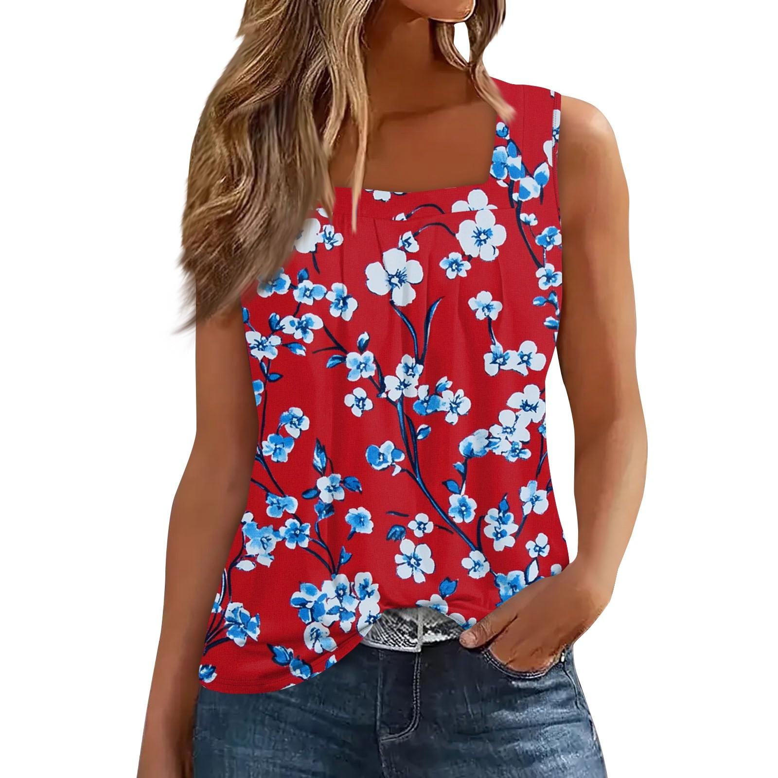 

Женская плиссированная футболка без рукавов с квадратным воротником и принтом L