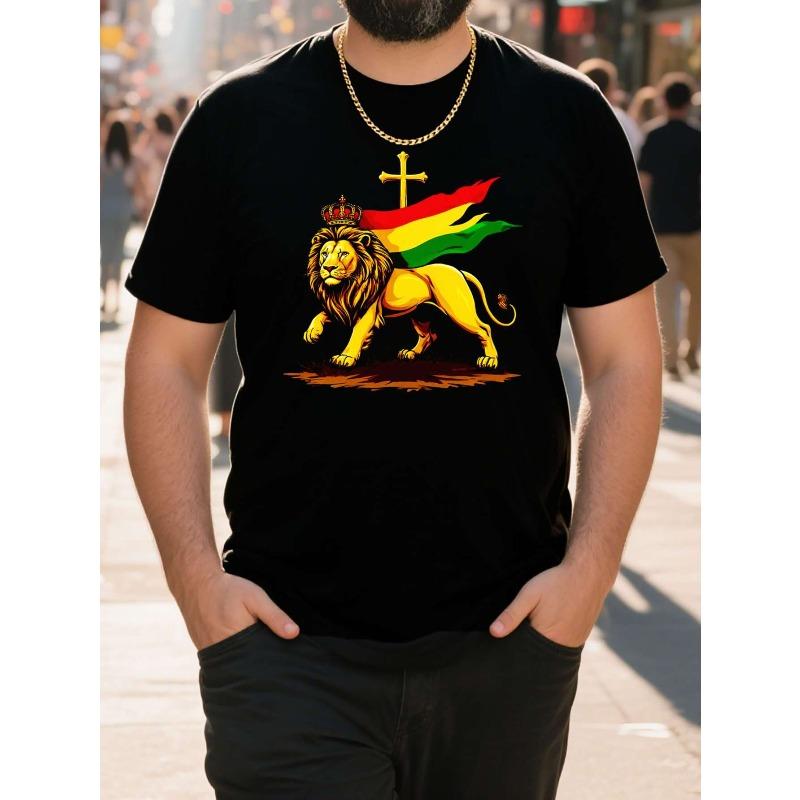 

European sizes Men S Plus Size Casual Graphic T-Shirt - Regal Lion Crown & Flag Design, Black Short Sleeve Round Neck, Lightweight Breathable Fabric 4XL