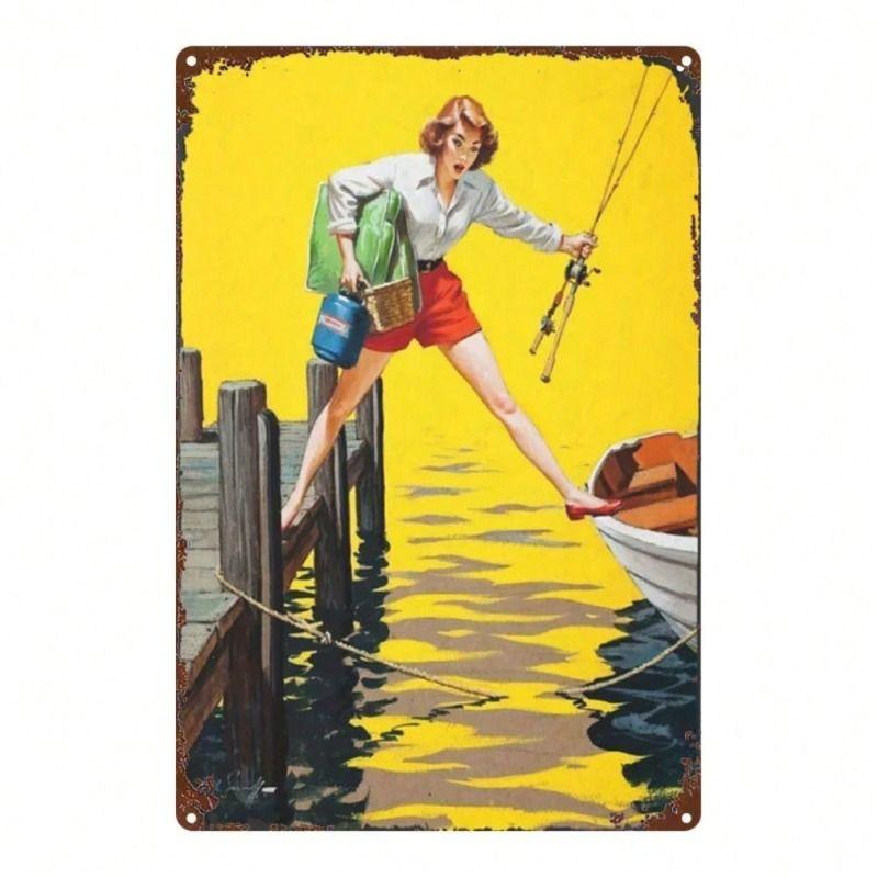 Vintage Metal Poster Fishing Girl Wall Art Bar Kitchen Decor