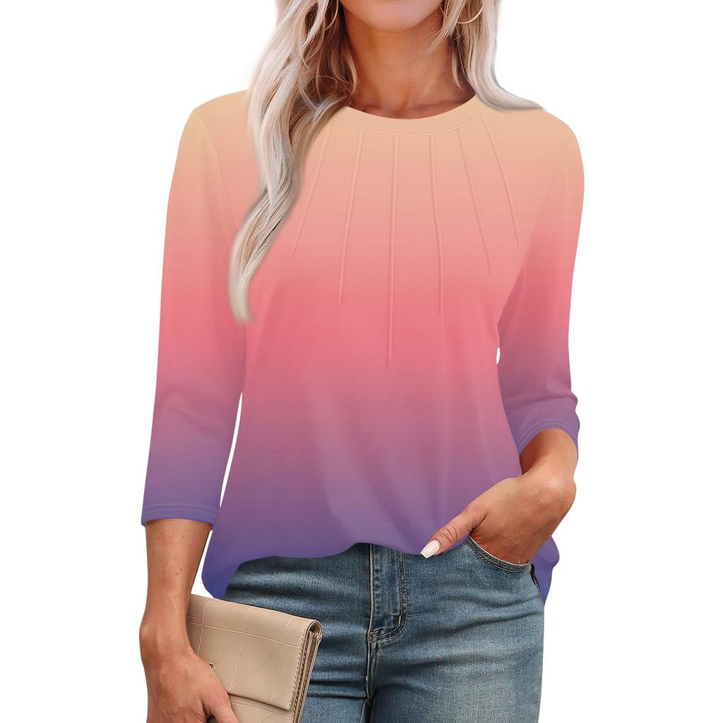 Omen's Modisches Rundhals 3/4-Ärmel Bedrucktes Lässiges Basic Plissiertes Pullover T-Shirt Top
