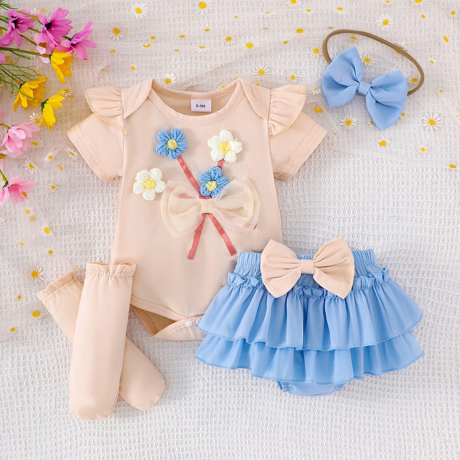 

Girls Fashionable Sets Summer Children s Sweet Dress + Bow Short Skirt + Socks + Headwear 12-18M синій