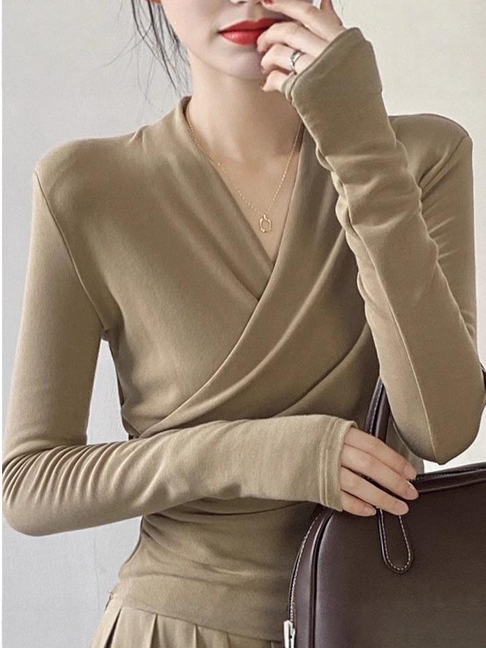 Women's V-Neck Long-Sleeve Crossover Top - Slim, Stylish, Flattering Autumn/Winter Layer