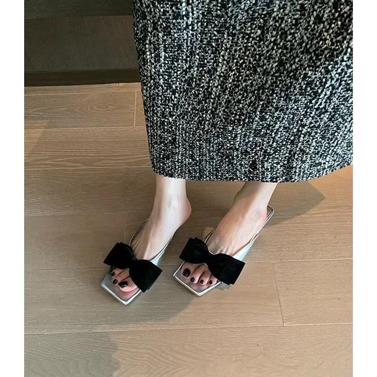 Fashion 2025 New Fashion Bow-knot Designer Women Mules Slippers Outdoor Square Toe Thin High Heels Sandal Party Dress Shoes Slippers