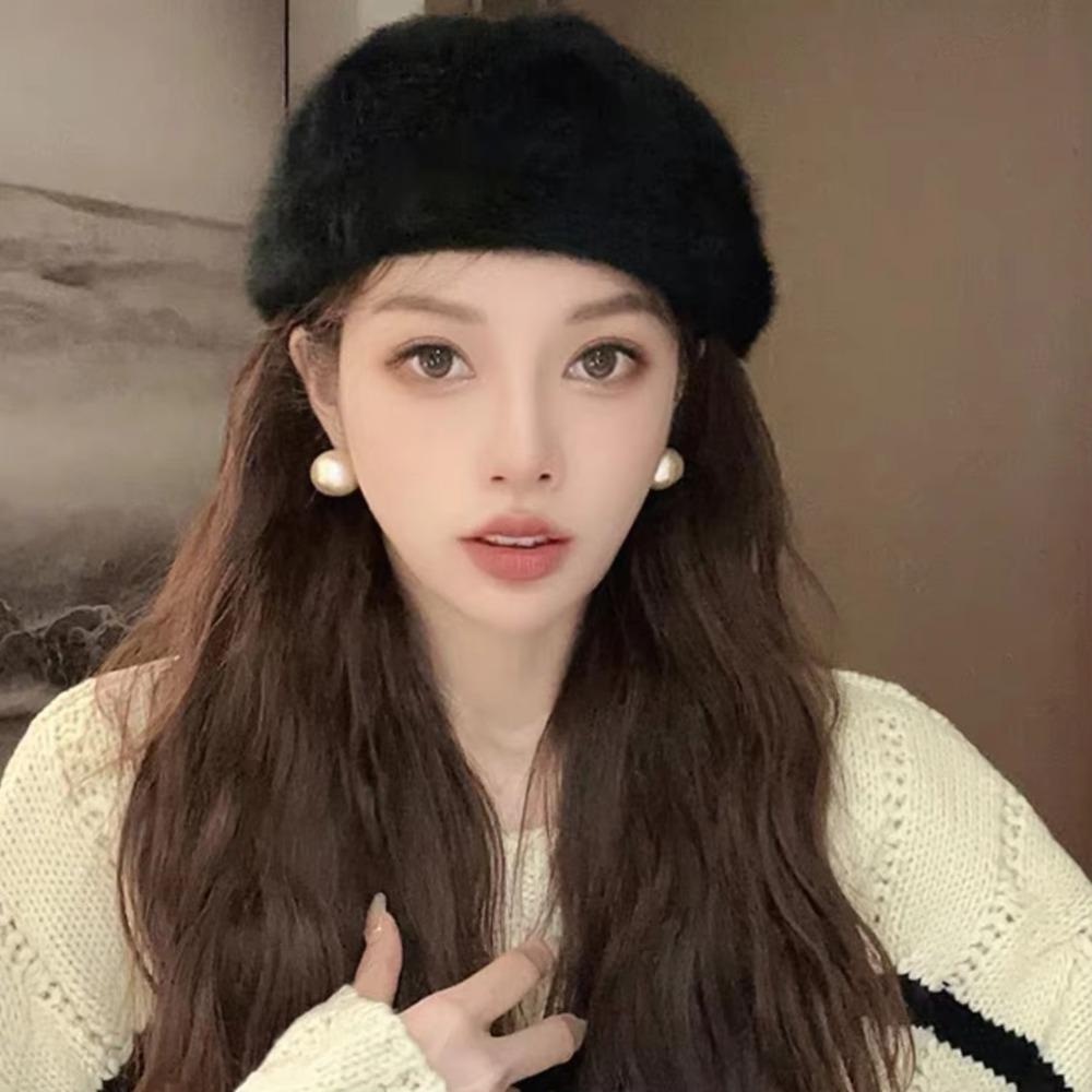 Leopard Print Faux Rabbit Fur Beret Flush Furry Fluffy Plush Beret Octagonal Beanie Cap  Women Girl