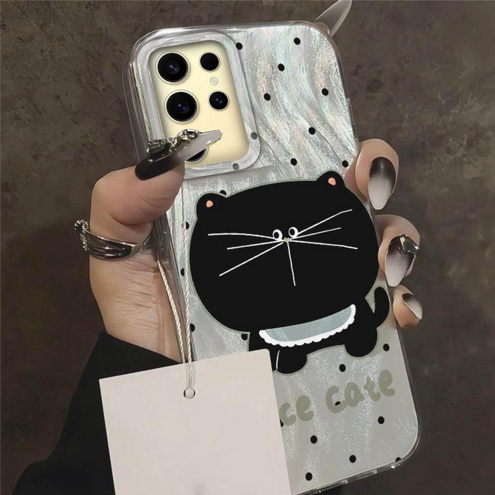 Big Headed Black Cat Circular Dots Phone Case for Samsung Galaxy S25 S24 S23 S22 S21 FE Plus Ultra Shell Silicone Back TPU Cover