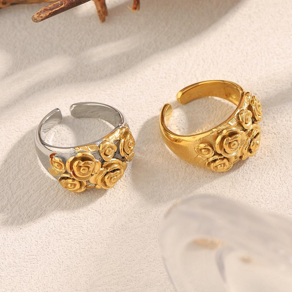 MamacitaSlay 316L Stainless Steel Double Color Multi Flower Open Ring Party Waterproof Jewelry Women's Gold Plated Ring Gift