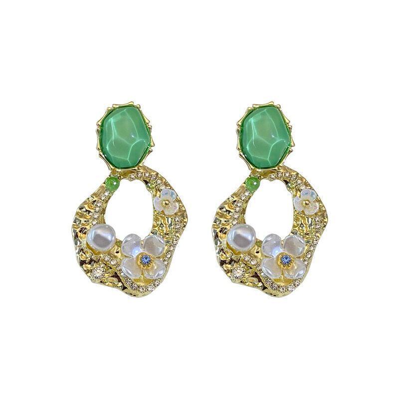 Medieval Style Temperament Green Diamond Flower Earrings Women's 111 Silver Needle Irregular Design Pearl Earrings