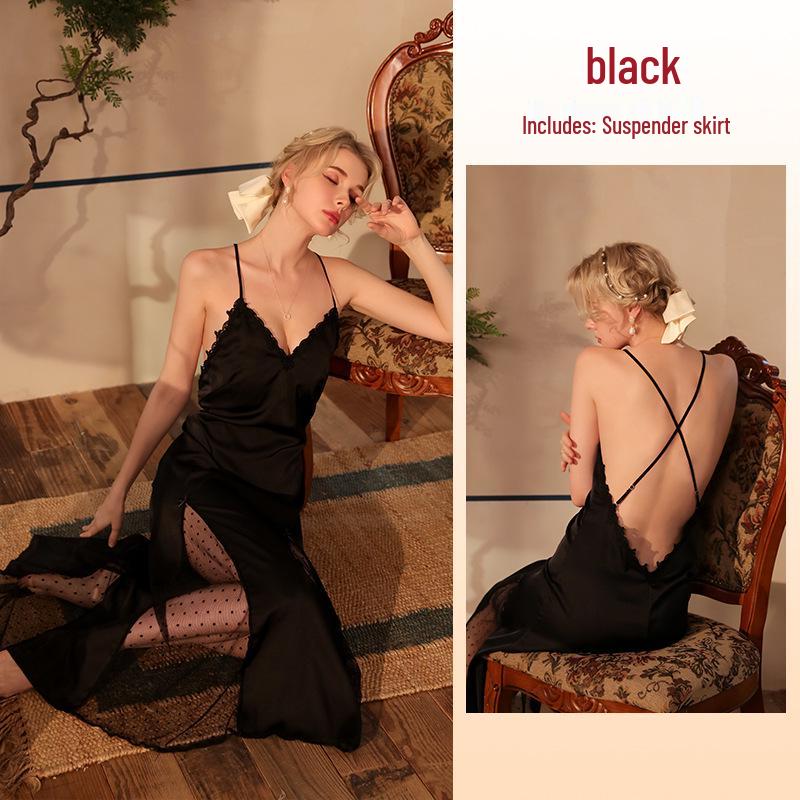 French Satin Lace Nightgown with Strappy Cross Open Back and Polka Dot Mesh