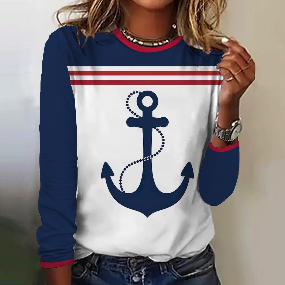 Herbst Frauen T Shirt Langarm Tops Anker Grafik Weibliche Kleidung Alltägliche Streetwear Oansatz Pullover Für frauen Tees 2023