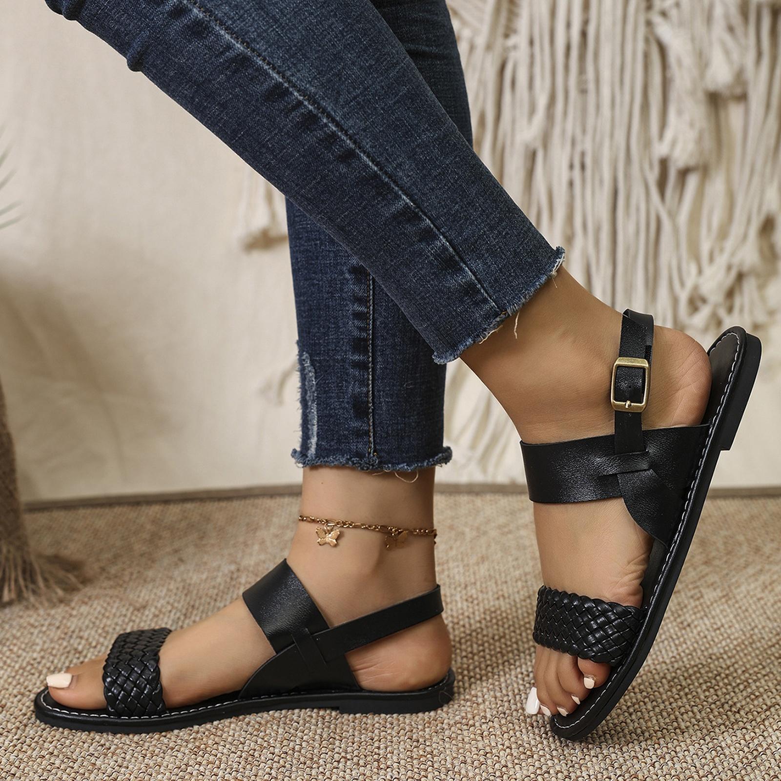 Женские сандалии на плоской подошве с плетеными деталями - Повседневная летняя обувь в римском стиле - Регулируемый ремешок 37 чёрный